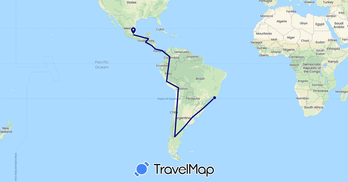 TravelMap itinerary: driving in Argentina, Bolivia, Brazil, Belize, Colombia, Costa Rica, Guatemala, Mexico, Nicaragua, Panama, Peru (North America, South America)